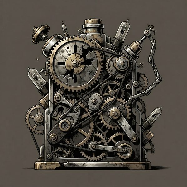A cracked, jammed clockwork machine