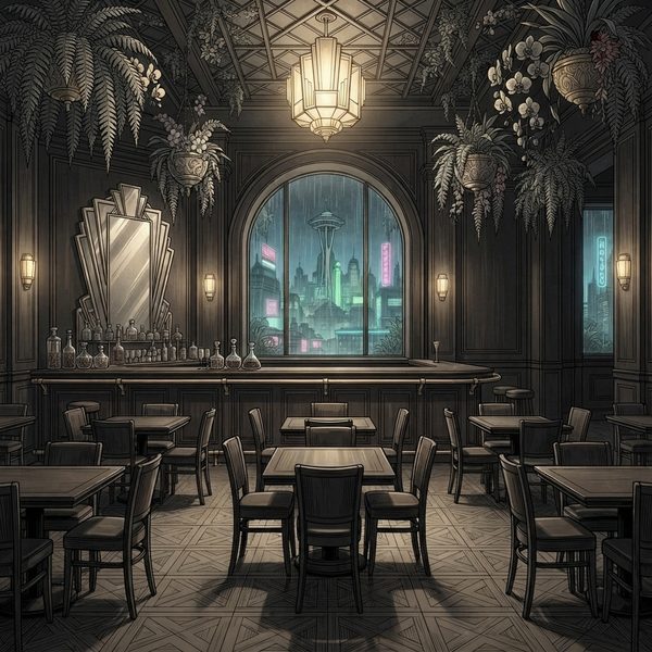 An empty art deco bar at night