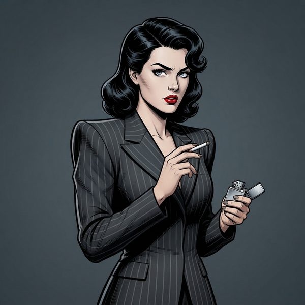 The Femme Fatale: a woman in a pinstripe suit lighting a cigarette