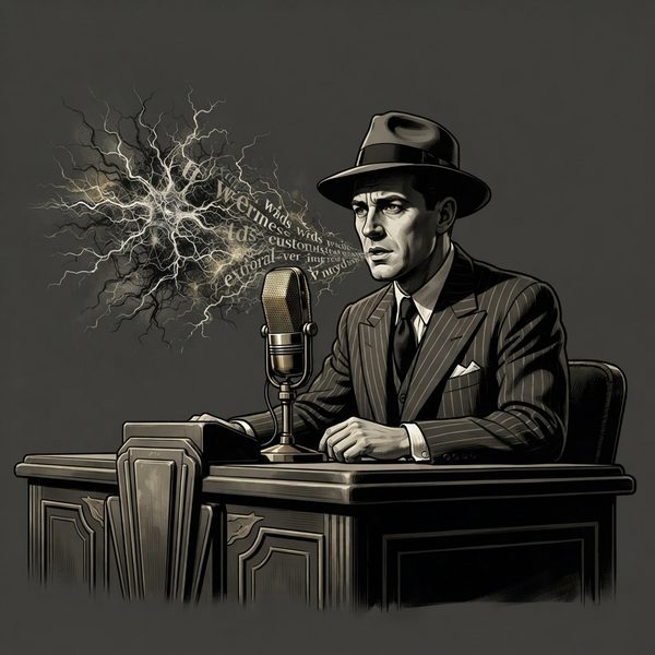A radio announcer whose words dissolve into static
