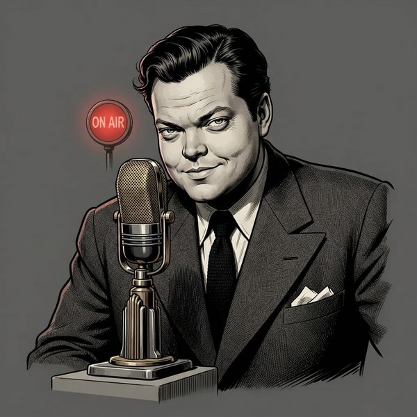 The Midnight Broadcaster: a man smiling behind a vintage radio microphone