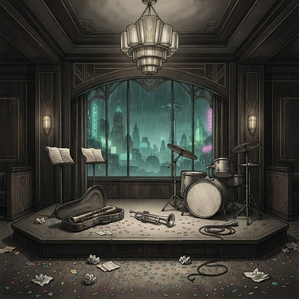 An empty bandstand after the party, confetti on the floor