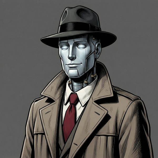 The Shadow Architect: a robot in a fedora and trench coat