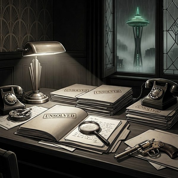 A detective's desk piled with files stamped Unsolved