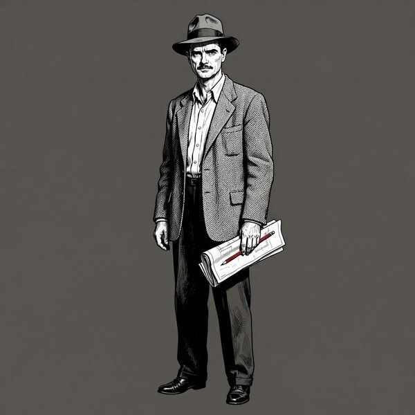 The Underground Kingpin: a man in a tweed jacket holding rolled-up plans