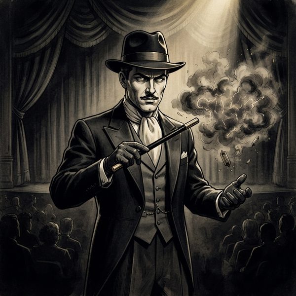 A stage magician vanishing something in a cloud of smoke